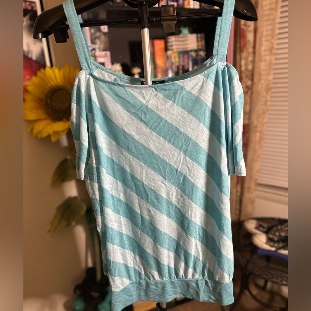 Twist Tee Blue and Light Blue Stripped Cold Shoulder Tee